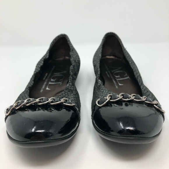 AGL Ballet Flats Shoes 5 35 Black Cap Chain Italy Women Attilio Snakeskin Silver - Picture 5 of 8